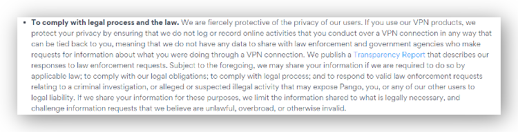 Una captura de pantalla de la política de privacidad de Pango que indica que no guarda registros de usuarios