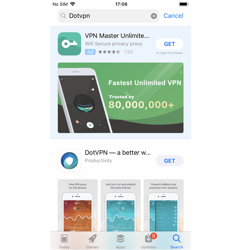 Snimak ekrana s popisa DotVPN-a u App Storeu