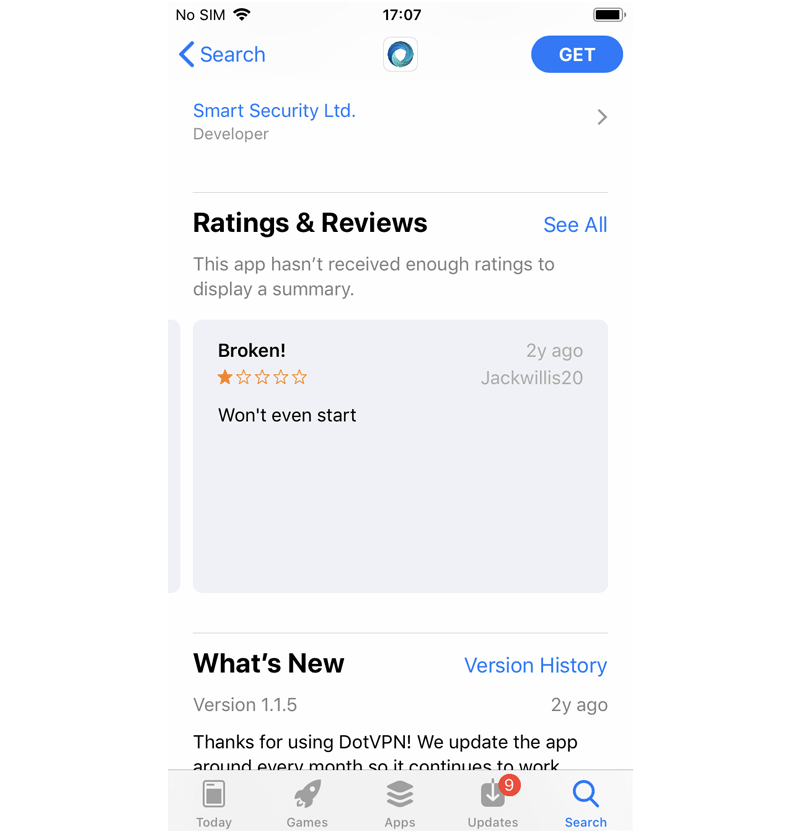 Skærmbillede af DotVPNs anmeldelser i App Store
