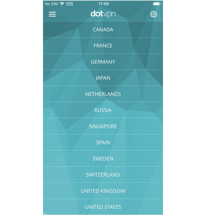 Snimka zaslona DotVPN-ovog popisa VPN poslužitelja na mobilnom uređaju