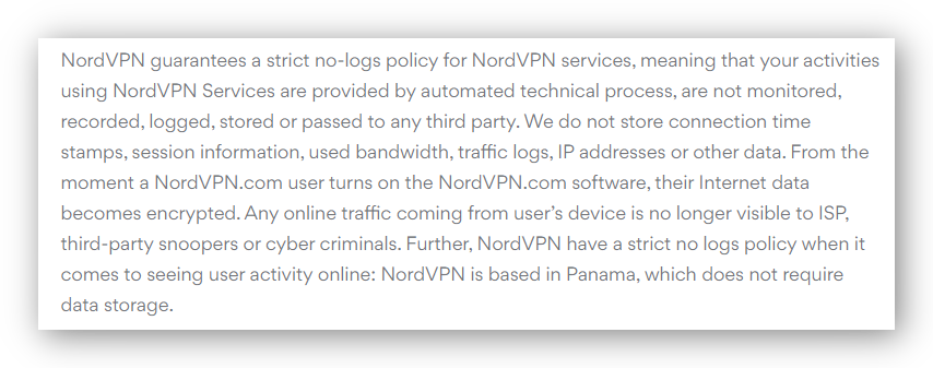 NordVPNのロギングポリシーのスクリーンショット