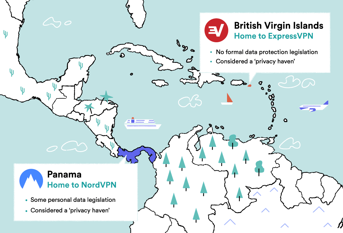Mapa anotado representando os locais do NordVPN e ExpressVPN