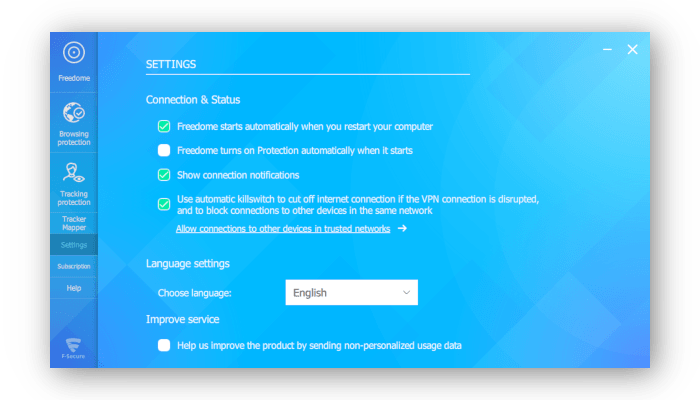 Windows应用程序中F-Secure Freedome VPN设置的屏幕截图
