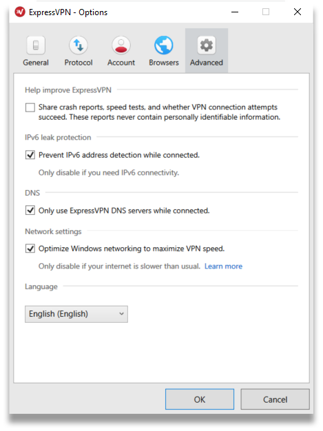 डेस्कटॉप ऐप में ExpressVPN की सुरक्षा सेटिंग्स का स्क्रीनशॉट