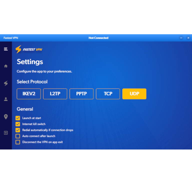 Tangkapan skrin menu tetapan aplikasi Windows FastestVPN