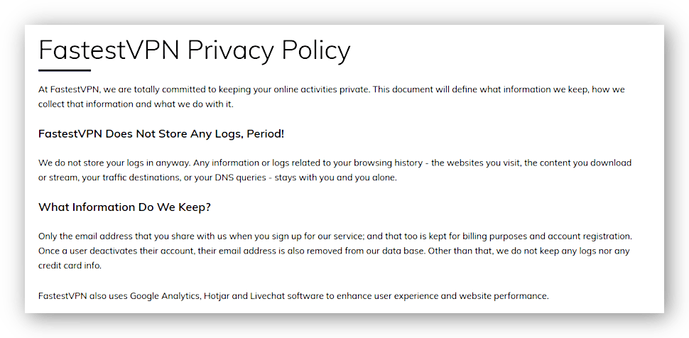 צילום מסך של מדיניות הפרטיות של FastestVPN