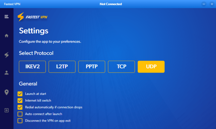 צילום מסך של תפריט הגדרות היישום של FastestVPN של Windows
