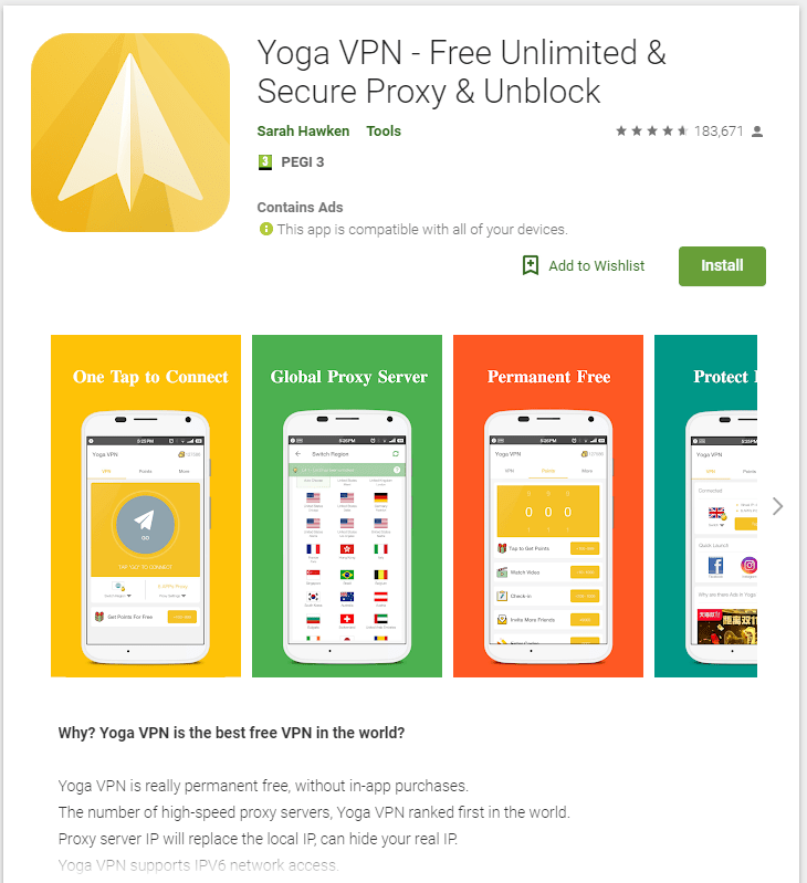 YogaVPN Google Play giriş ekran görüntüsü