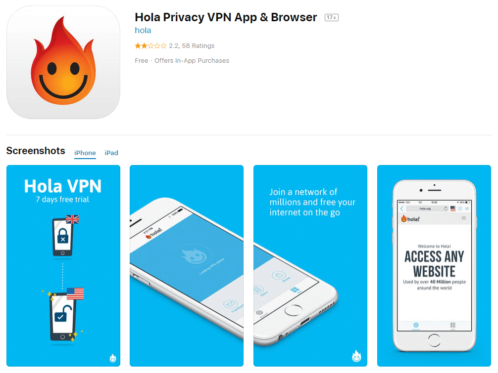 Snimka zaslona s popisom Hola App Store