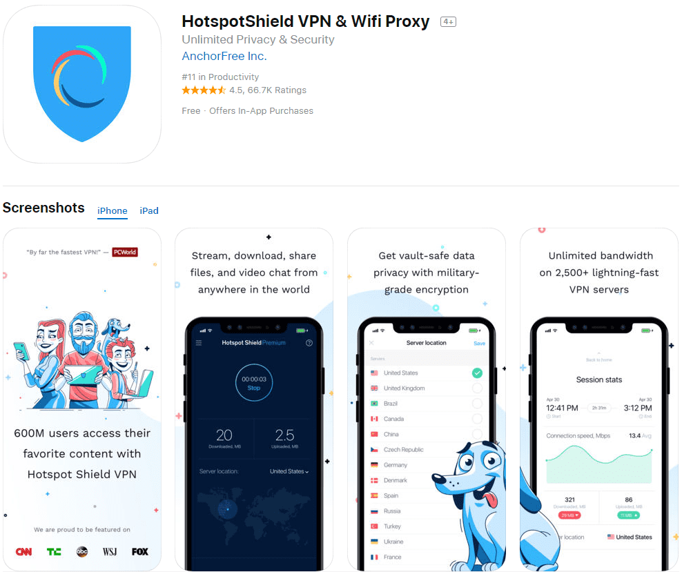 Snimka zaslona s popisom App Store Hotspot Shield