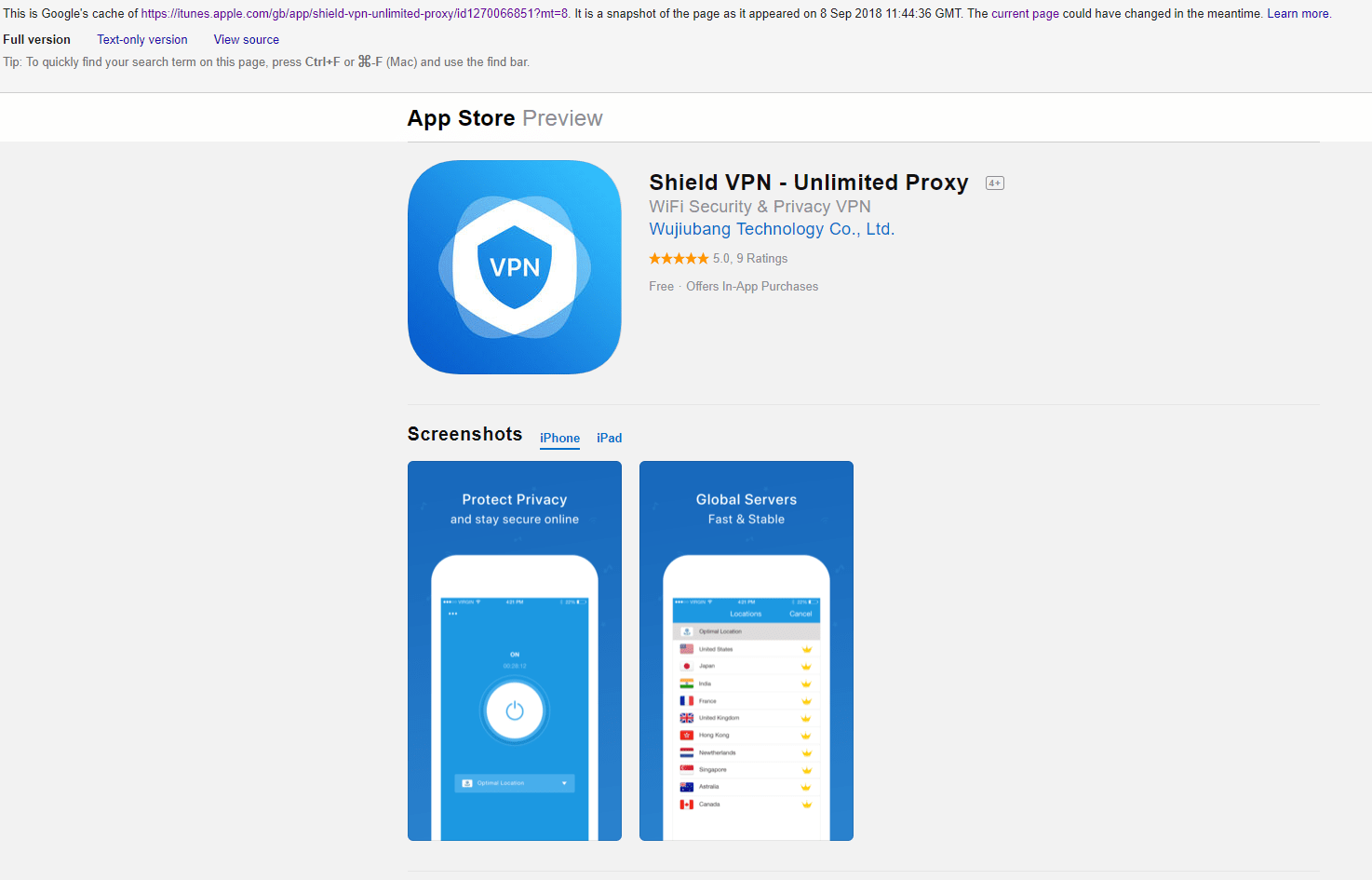 Shield VPN - predpomnjeni zaslon s seznamom App Store