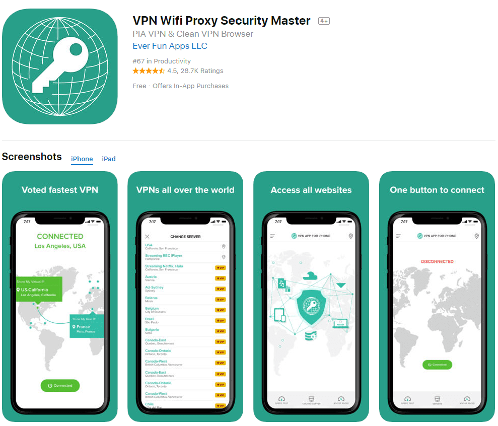 VPN WiFi Proxy Security Master App Store listeleme ekran görüntüsü