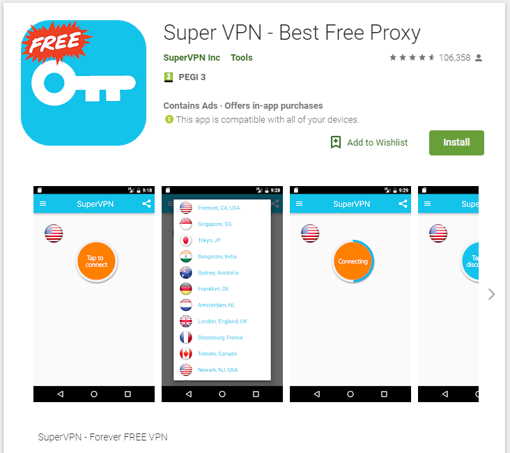 Screenshot listing Super VPN Google Play