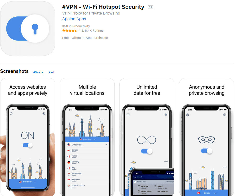 Snimka zaslona s popisom #VPN App Store