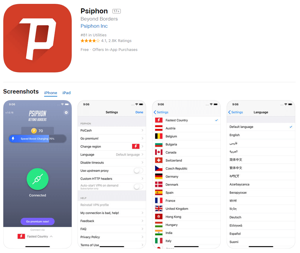 Tangkapan layar Psiphon App Store