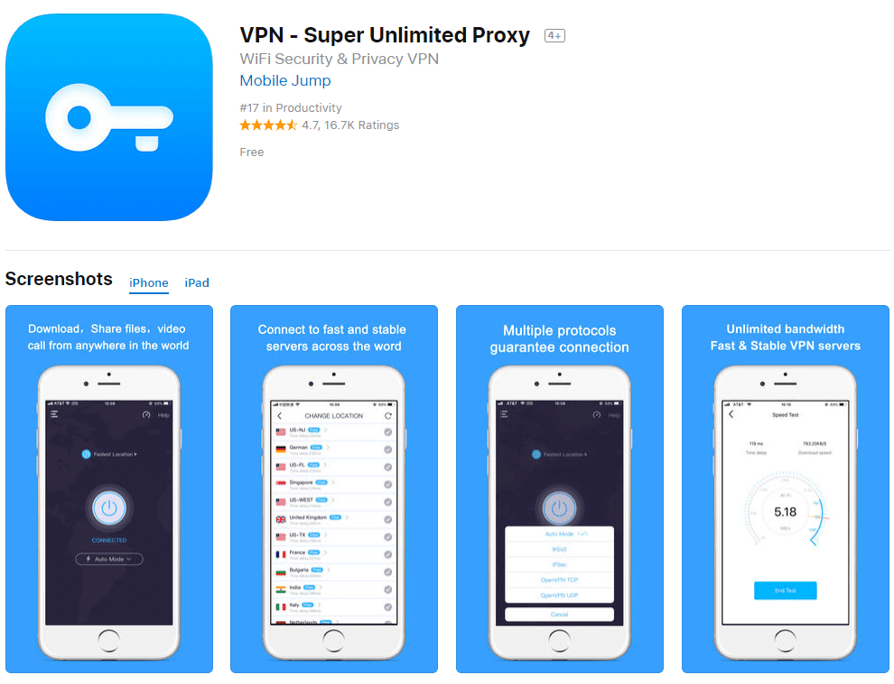 Posnetek zaslona s seznamom VPN Super Unlimited Proxy App Store