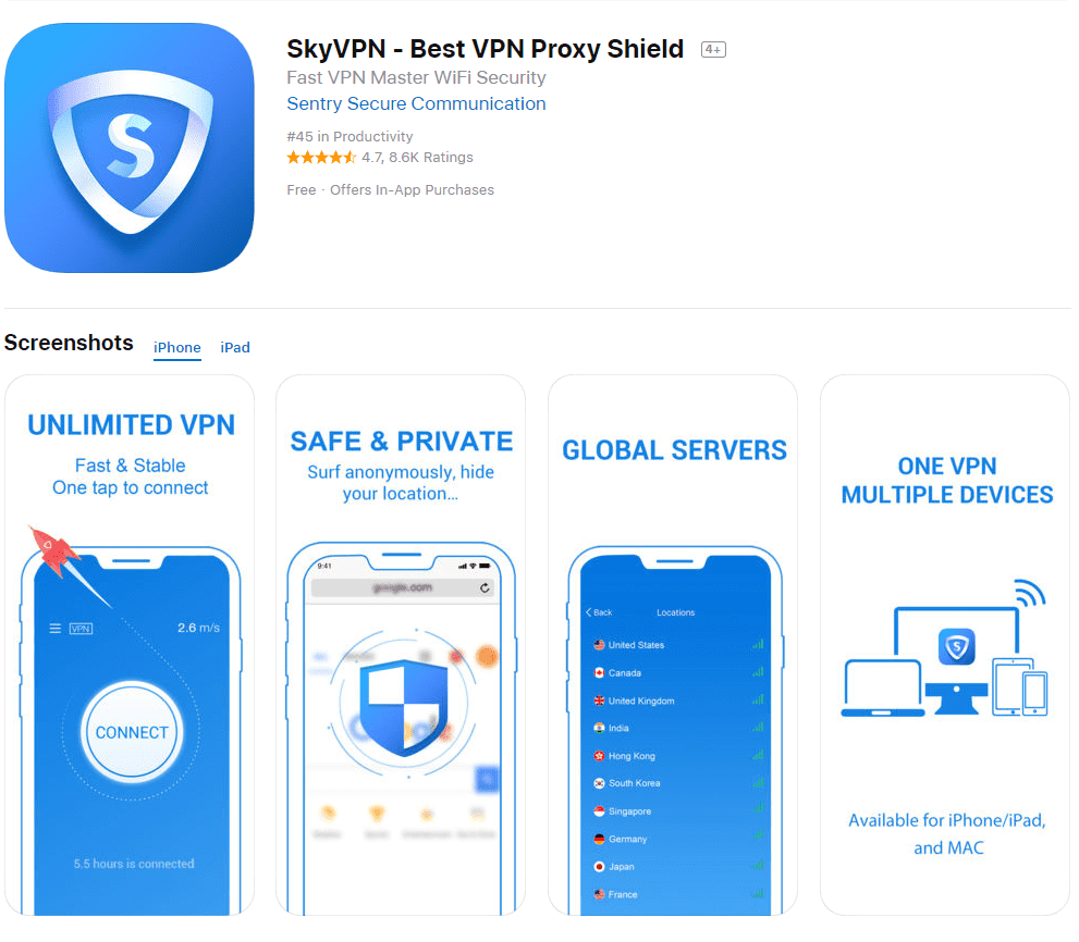 Brezplačna preiskava VPN: posnetek zaslona s seznamom aplikacij SkyVPN App Store