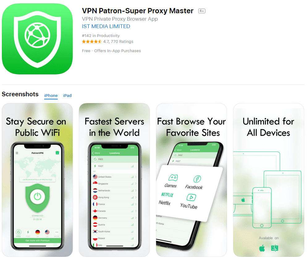Besplatno VPN istraga: Snimak zaslona s popisom aplikacija iz VPN Patron App Store