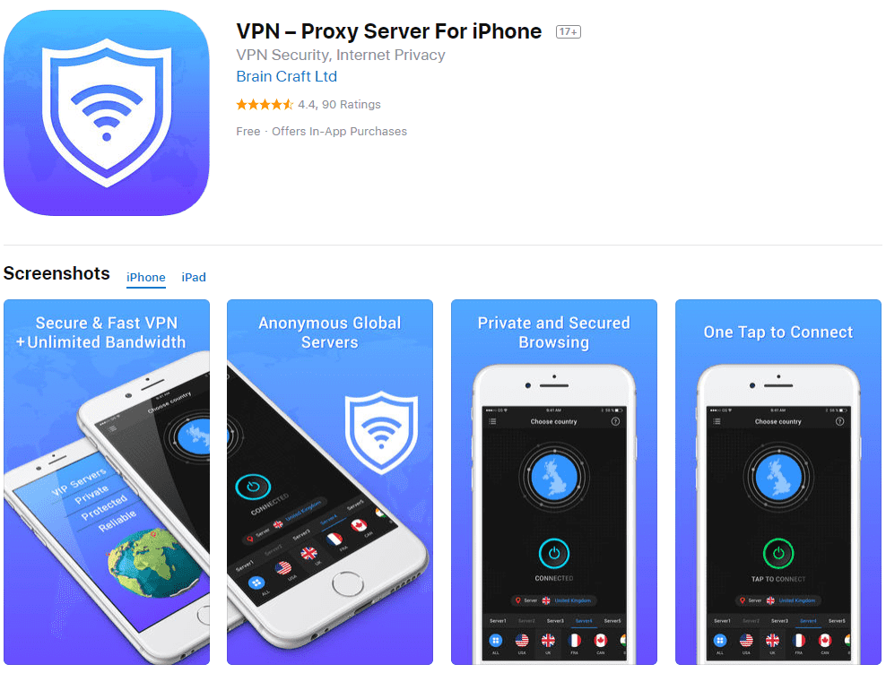 Brezplačna preiskava VPN: posnetek zaslona s seznamom VPN proxy za iPhone App Store