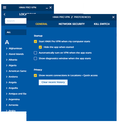 HideMyAss! צילום מסך של רשימת ההגדרות ב- HMA שלנו! ביקורת VPN