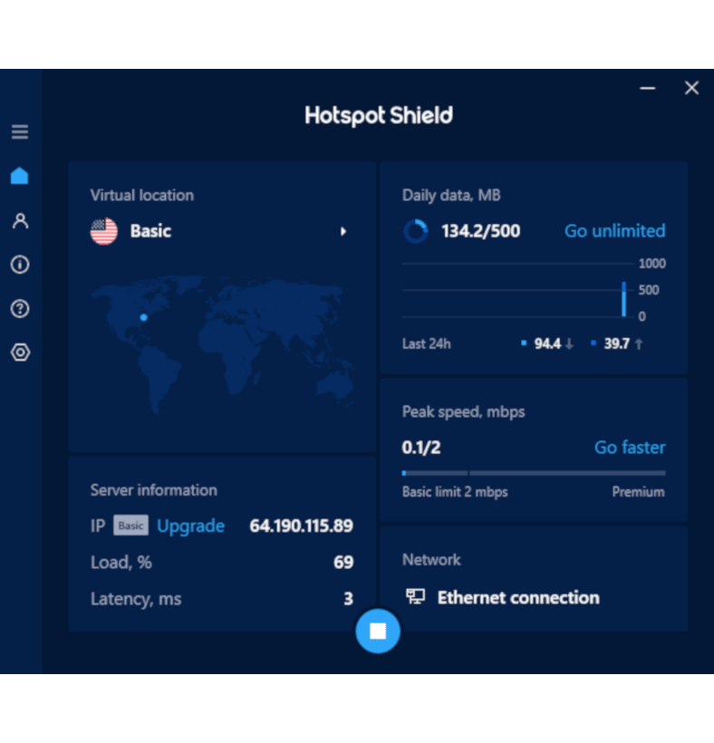Ekrānuzņēmums ar Hotspot Shield free Windows lietotni, kad ir izveidots savienojums