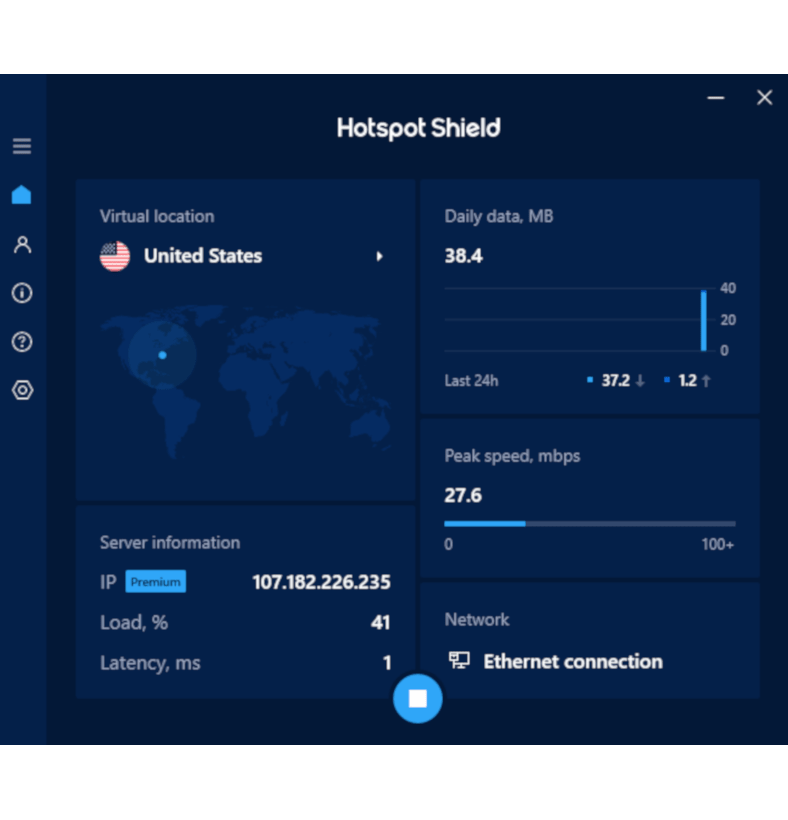 कनेक्ट होने पर हॉटस्पॉट शील्ड के विंडोज ऐप का स्क्रीनशॉट