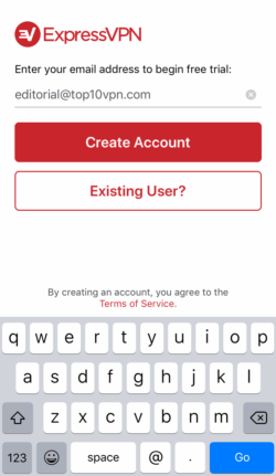 Skjermbilde av skjermbildet for å opprette konto på ExpressVPNs iOS-app