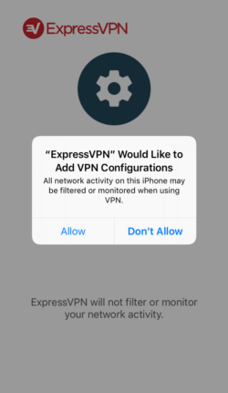 Zrzut ekranu uprawnień aplikacji ExpressVPN na iOS