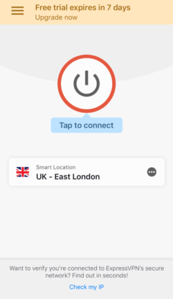 Captura de pantalla de la pantalla de inicio de la aplicación iOS de ExpressVPN