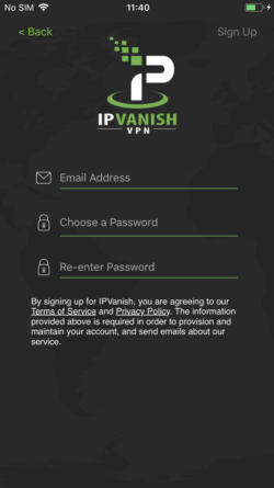 Tangkapan skrin masuk IPVanish iOS App