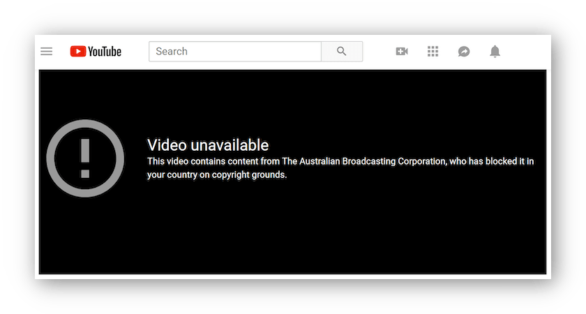 Captura de ecran a unui mesaj de eroare pe YouTube care explică faptul că videoclipul a fost blocat din cauza restricțiilor geografice