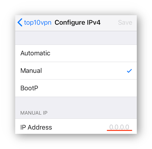 captura de pantalla de la configuración de ipv4 en iPhone