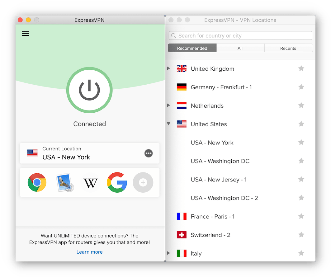 Screenshot von Express VPN auf dem Desktop mit Serverstandorten