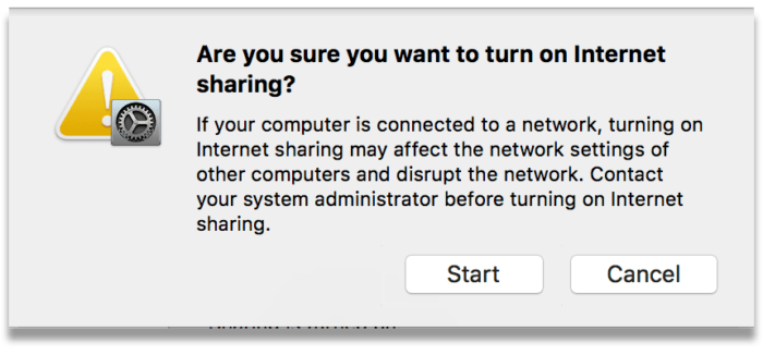 Tangkapan skrin mesej pengesahan perkongsian internet di Mac