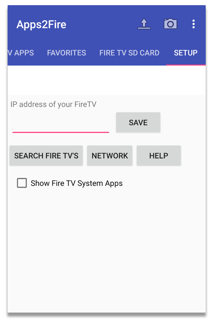 Tangkapan skrin seksyen setup aplikasi Androidfire app