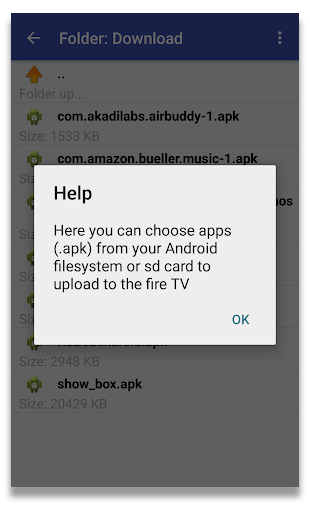 Tangkapan skrin bahagian bantuan aplikasi Androidfire