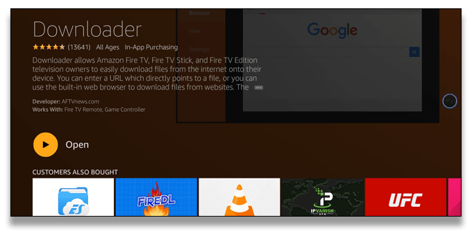 Captura de ecran a aplicației Downloader din magazinul de aplicații Firestick