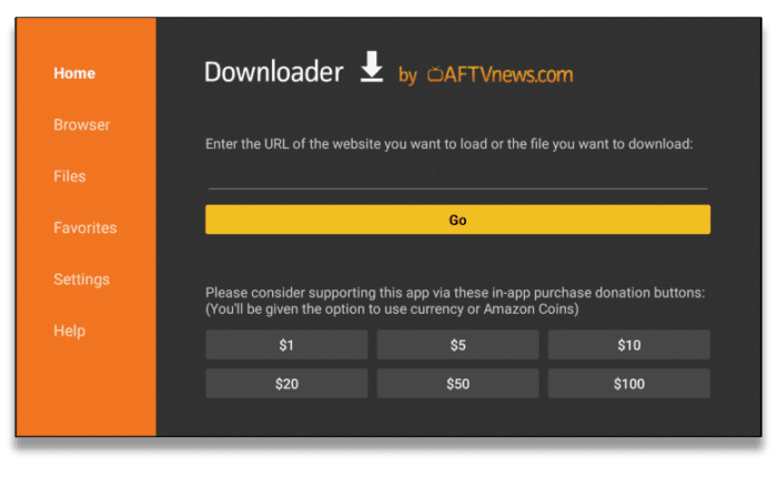 Zrzut ekranu aplikacji Downloader na Firestick