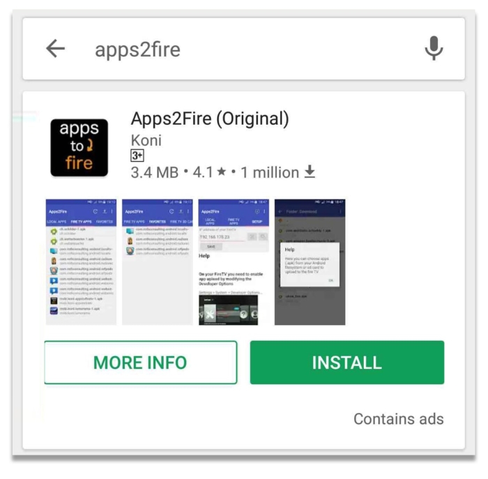 Captura de pantalla de la aplicación apps2fire en Google Play Store