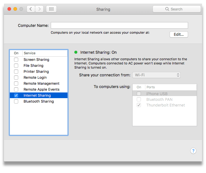 Captura de tela das configurações de compartilhamento da Internet no Mac