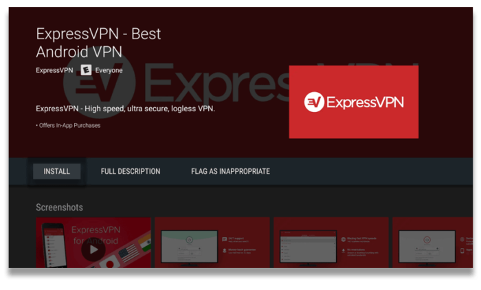 Ekrānuzņēmums no ExpressVPN lietotnes Fire TV veikalā