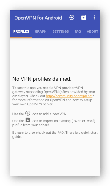 สกรีนช็อตของแอป OpenVPN สำหรับ Android ที่ไม่มีโปรไฟล์ VPN