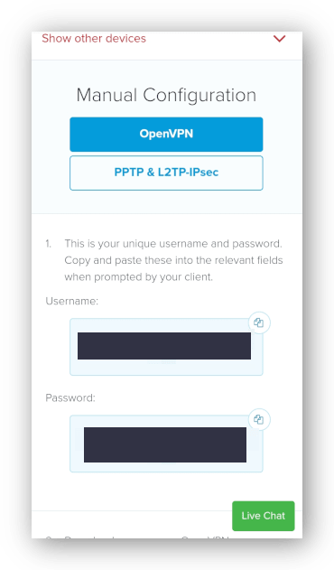 Скриншот ExpressVPN ручной настройки имени пользователя и пароля