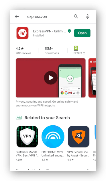 Tangkapan skrin dari ExpressVPN di Google Play Store sekali aplikasi dipasang