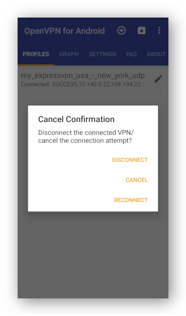 สกรีนช็อตของข้อความตัดการเชื่อมต่อบน OpenVPN สำหรับ Android