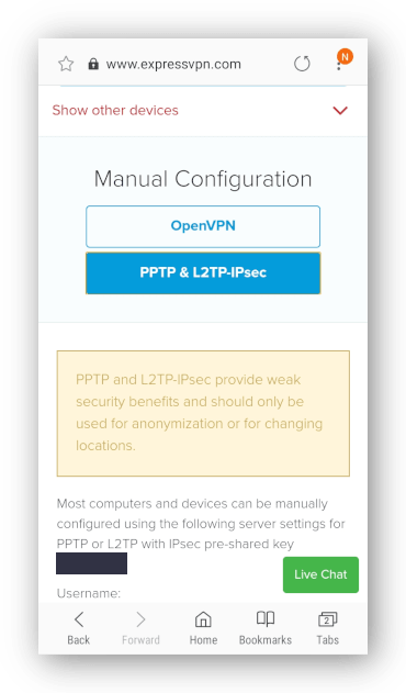 Captura de ecran a configurării manuale de configurare manuală ExpressVPN L2TP