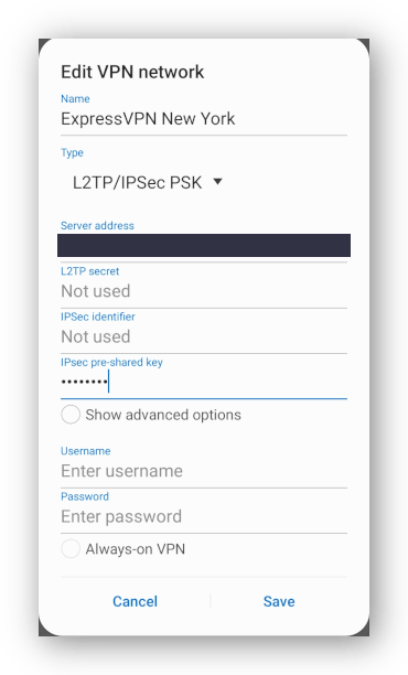 Snímka obrazovky zabudovaného profilu VPN VPN so systémom Android
