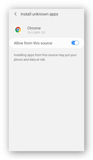 Snímek obrazovky Nastavení instalace neznámých aplikací v telefonu Android
