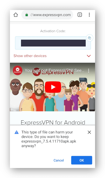 Снимок экрана с предупреждением о загрузке APK-файла на телефон Android