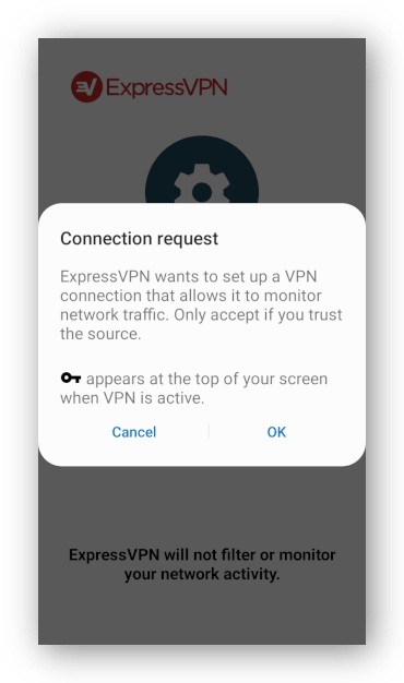 Snímek obrazovky žádosti o připojení aplikace ExpressVPN Android